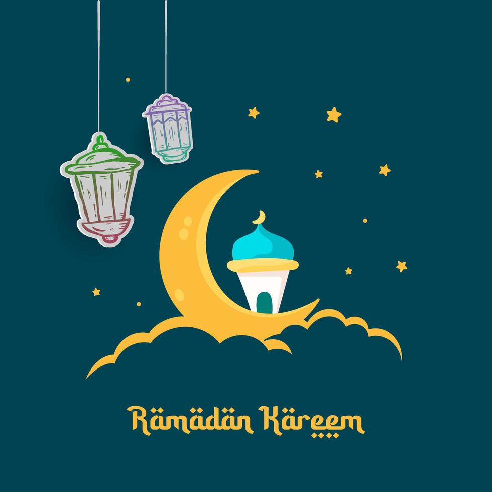 Ramadan Kareem Illustration With Crescent Moon And Lantern Concept. Hand Drawn Sketch Style vector