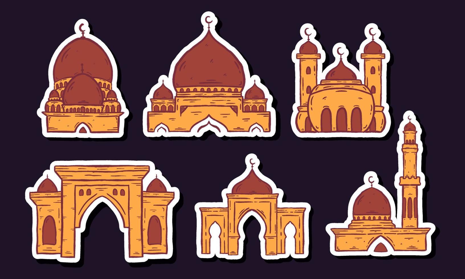 conjunto de mezquita islámica. gráfico vectorial de ilustración. mezquita de concepto de diseño con estilo de boceto dibujado a mano vector