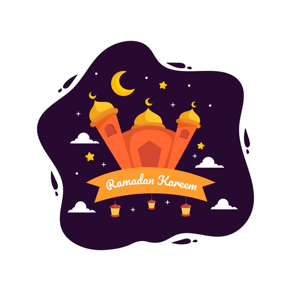 ilustración de ramadan kareem con luna creciente y concepto de mezquita. estilo de dibujos animados de diseño plano vector