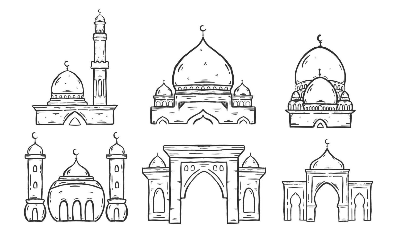 conjunto de mezquita islámica. gráfico vectorial de ilustración. mezquita de concepto de diseño con estilo de boceto dibujado a mano vector