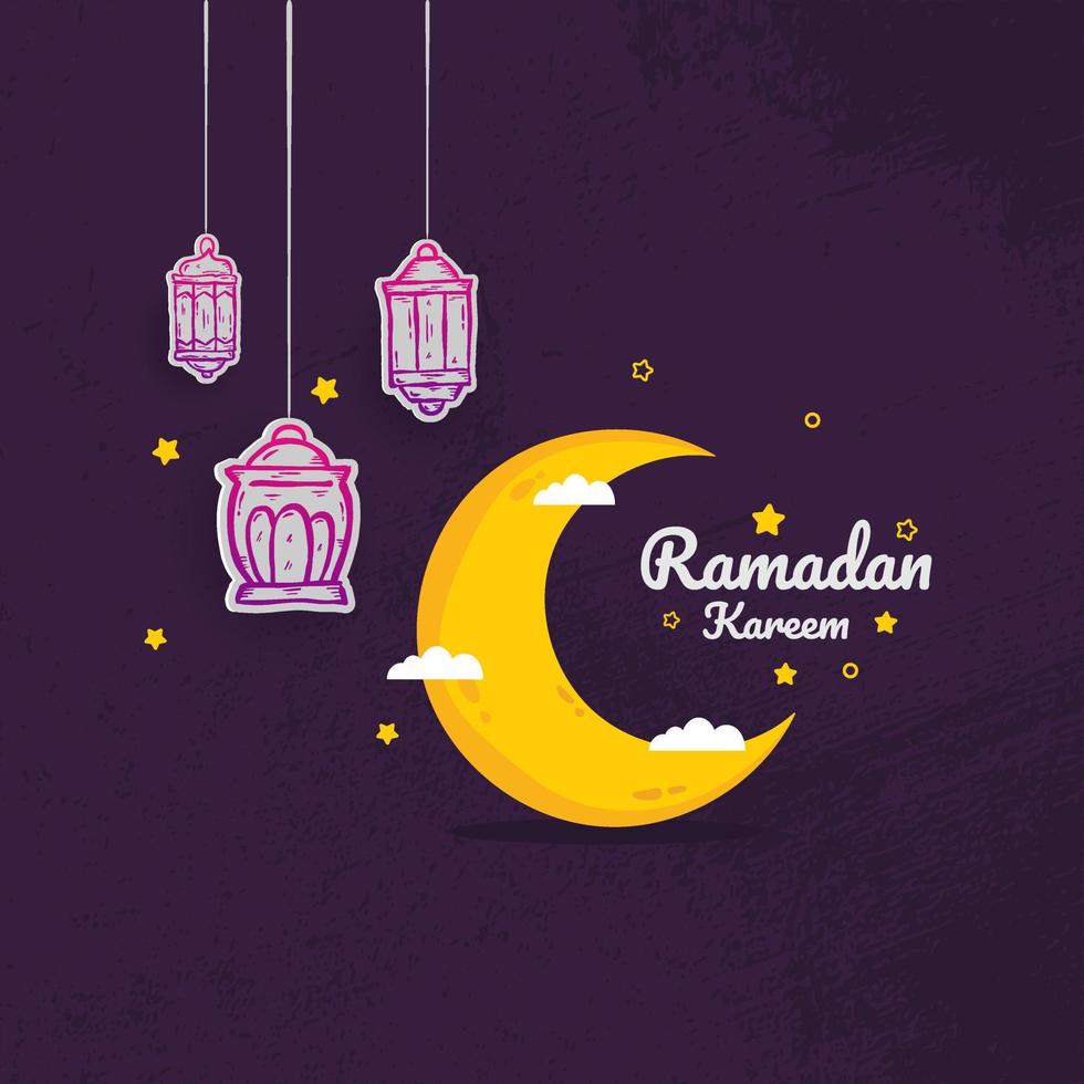 Ramadan Kareem Illustration With Crescent Moon And Lantern Concept. Hand Drawn Sketch Style vector