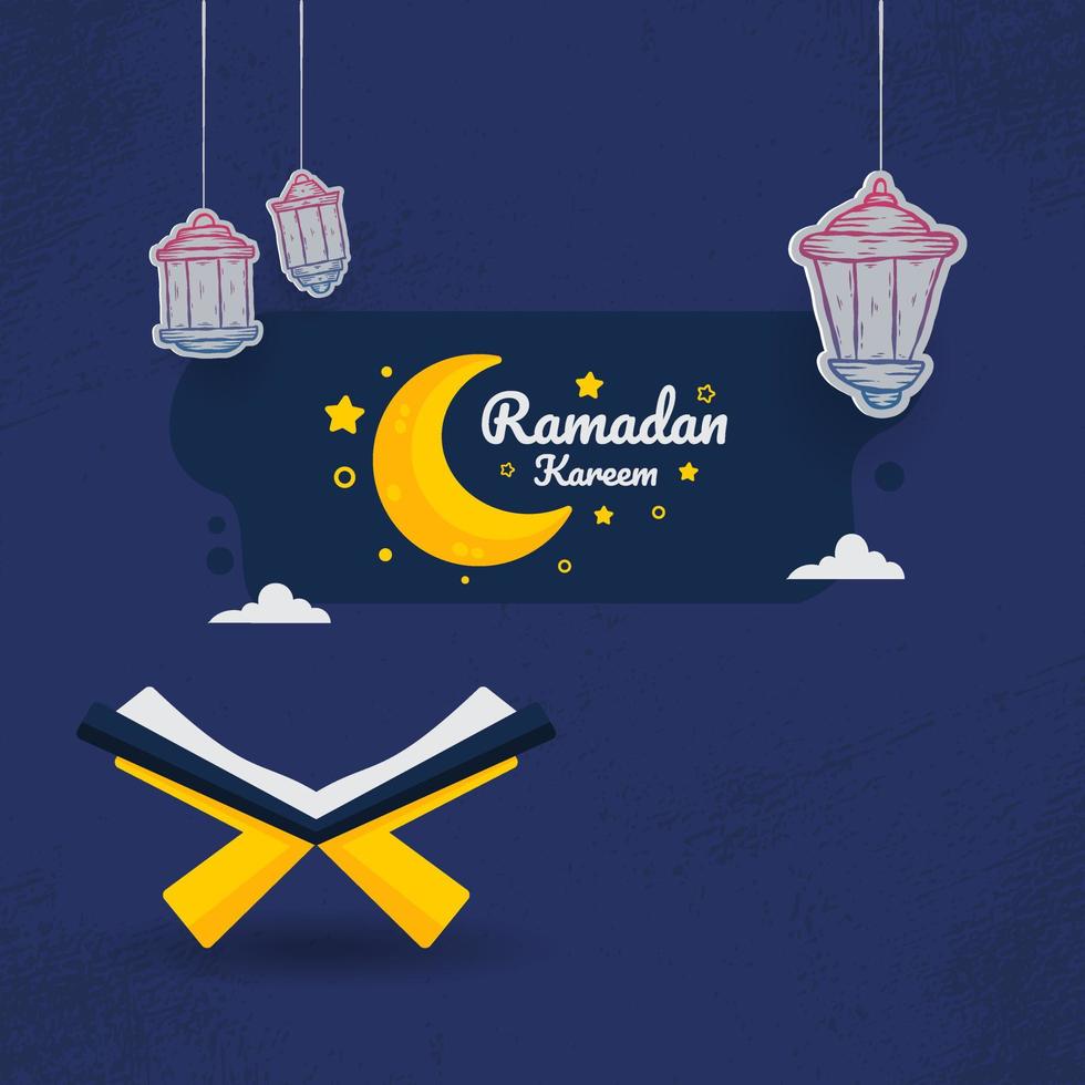 Ramadan Kareem Illustration With Crescent Moon And Lantern Concept. Hand Drawn Sketch Style vector