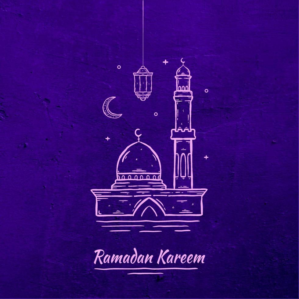 Ramadan Kareem Illustration With Mosque And Lantern Concept. Hand Drawn Sketch Style vector