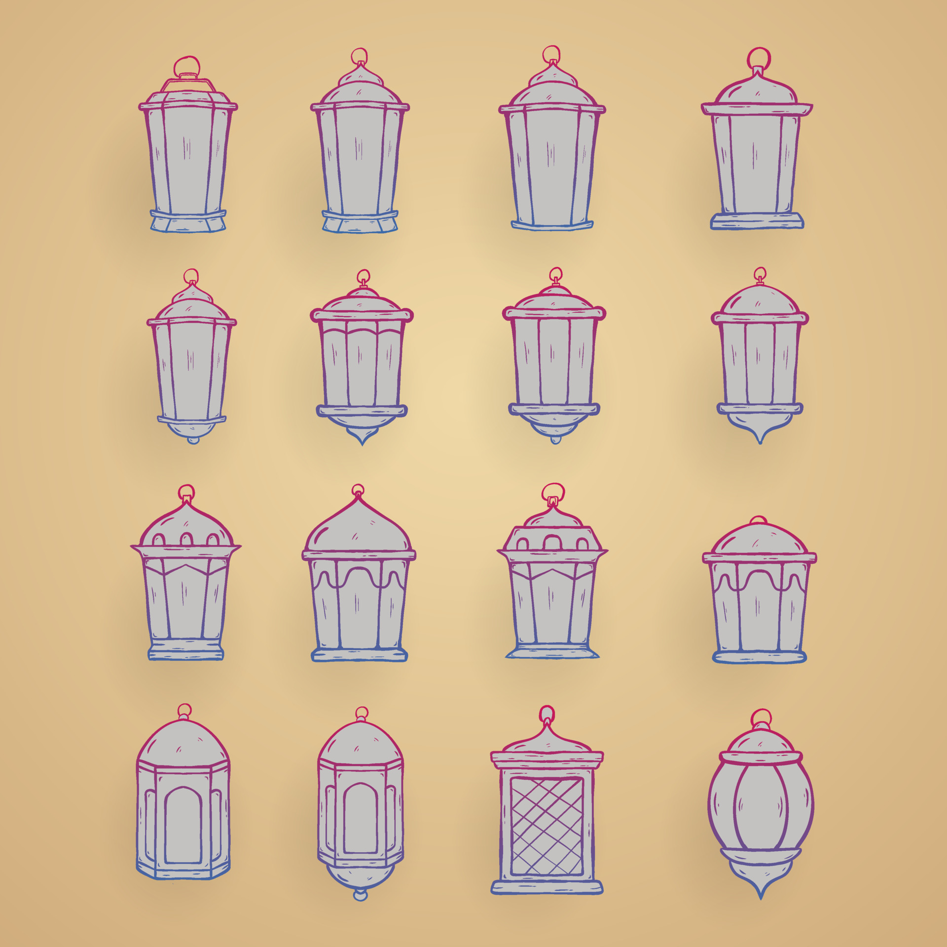 Set Of Hand Drawn Lanterns. Illustration Vector Graphic. Design