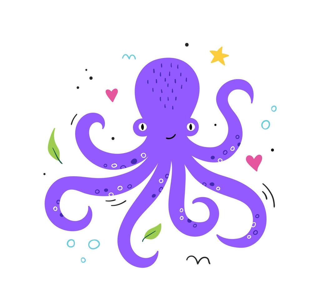 pulpo lindo dibujado a mano. animal acuático con tentáculos. personaje animado. ilustración vectorial plana. vector