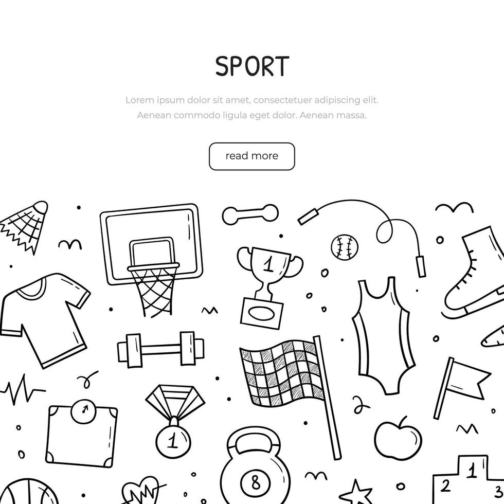 Hand drawn doodle set of Sports theme items. Banner template. Collection fitness objects and elements. Sketch style. Vector illustration.