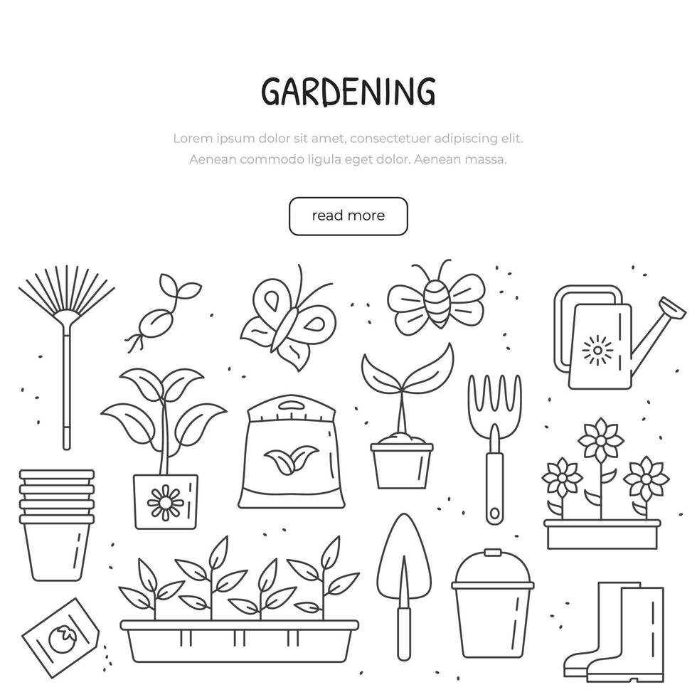 Set of linear gardening elements. Various agricultural and gardening tools for spring work. Illustration for frame, poster, banner. vector