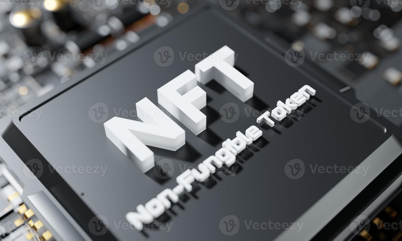 Closeup 3d rendering illustration NFT Non-Fungible Tokens blockchain technology. photo