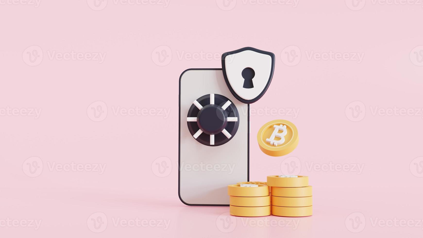 technology Cryptocurrency Elements. bitcoin with the phone on protects the platform. Management and commercial facilities from bitcoin trading. 3d illustration photo