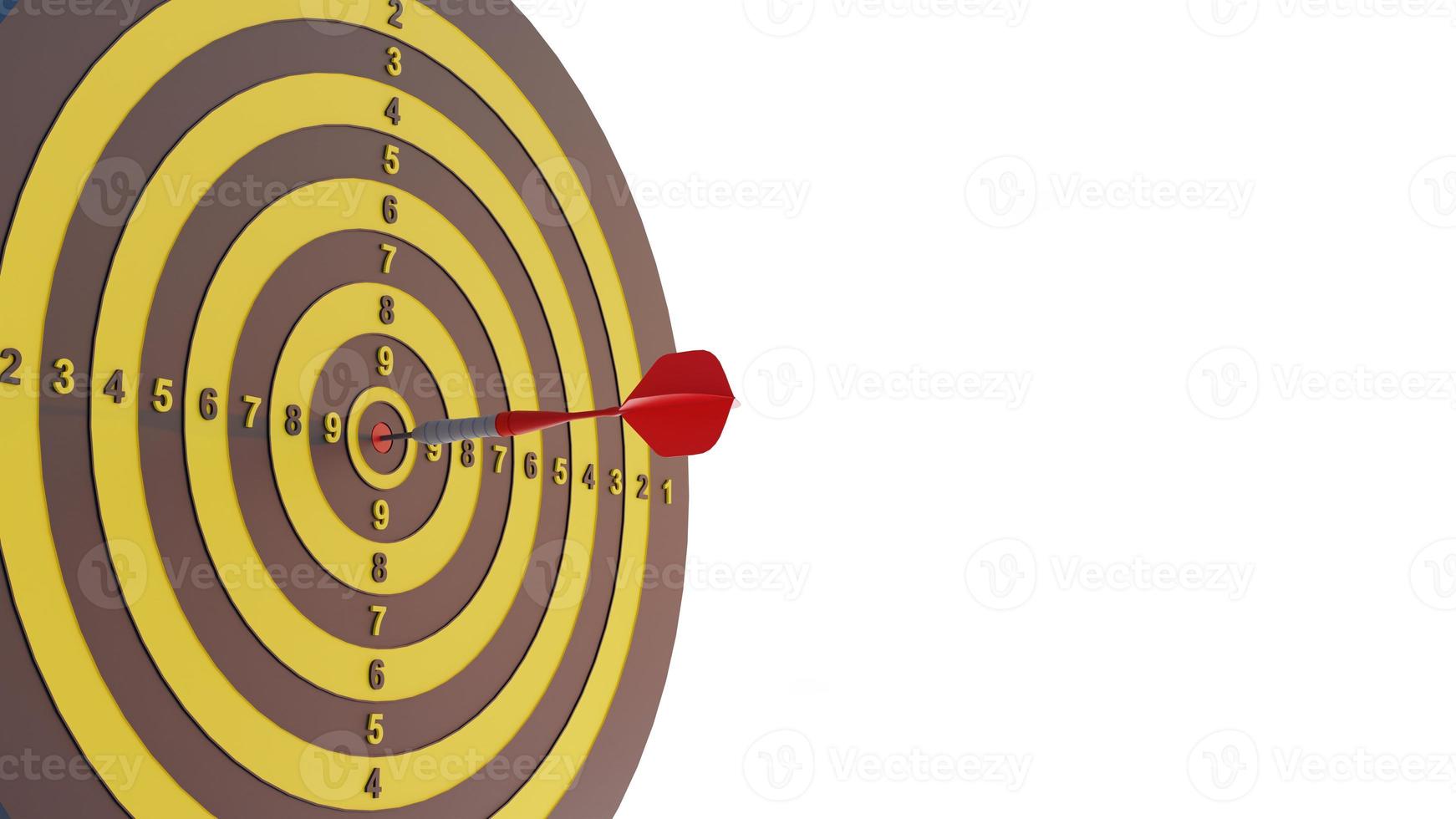 Red dart arrow hitting target center dartboard on white background with copy space. Business targeting and focus concept. 3D render illustration photo