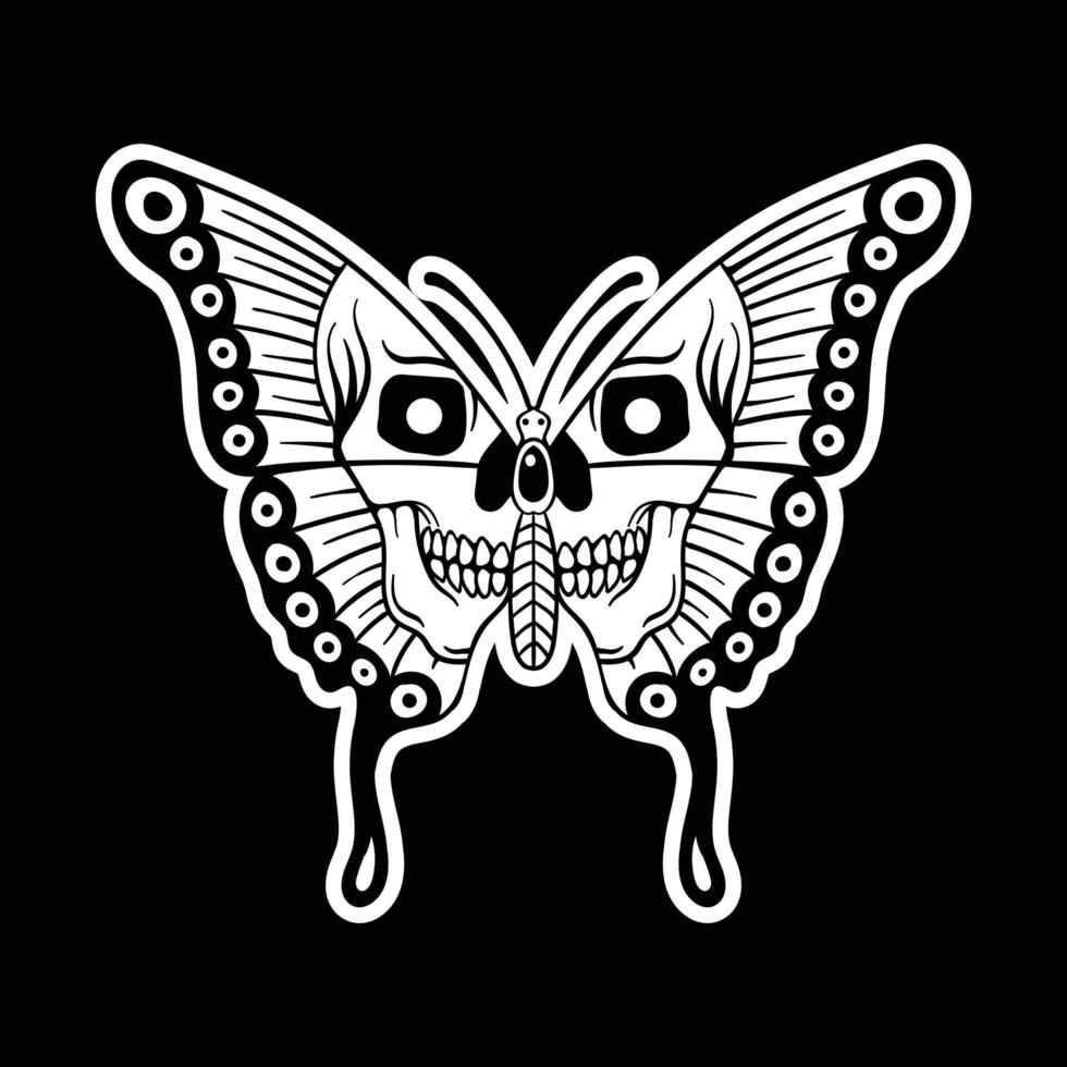Butterfly with skull black and white hand drawn style for tattoo stickers etc premium vector