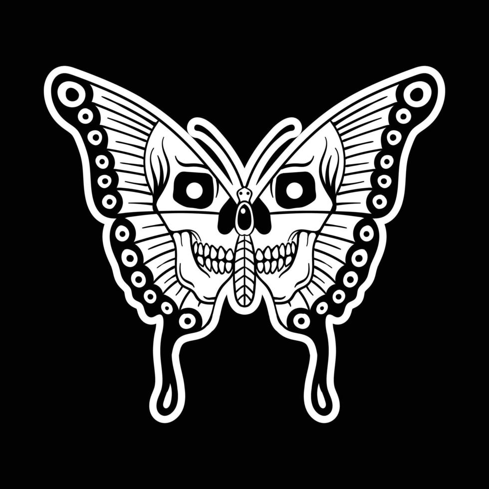 Butterfly with skull black and white hand drawn style for tattoo stickers etc premium vector