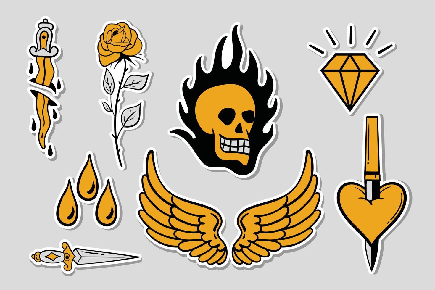 Collection of hand drawn vintage tattoo stickers free vector. vector