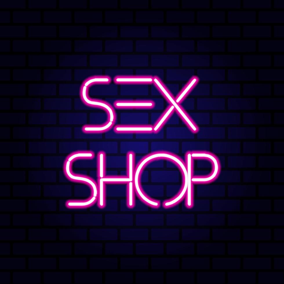 Sex Shop neon sign on the brick wall. Vector Illustration