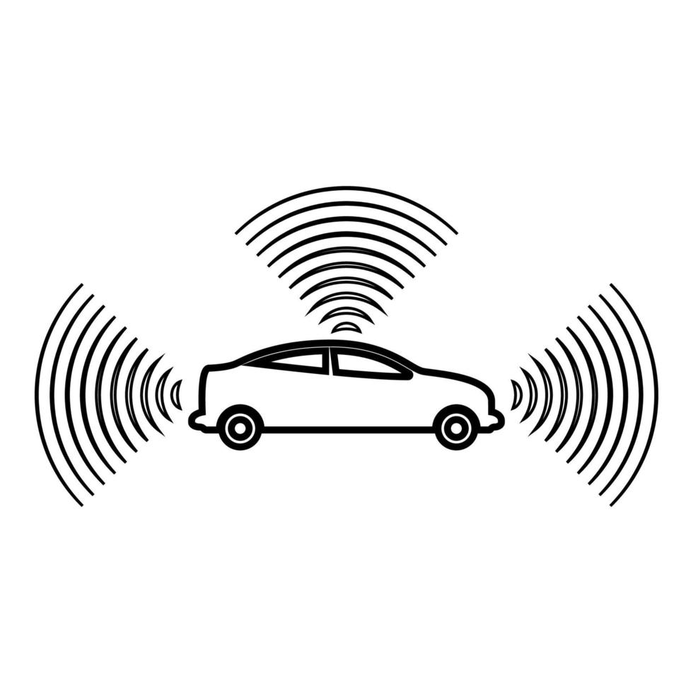 coche señales de radio sensor inteligente tecnología piloto automático todas direcciones contorno contorno línea icono negro color vector ilustración imagen delgado estilo plano