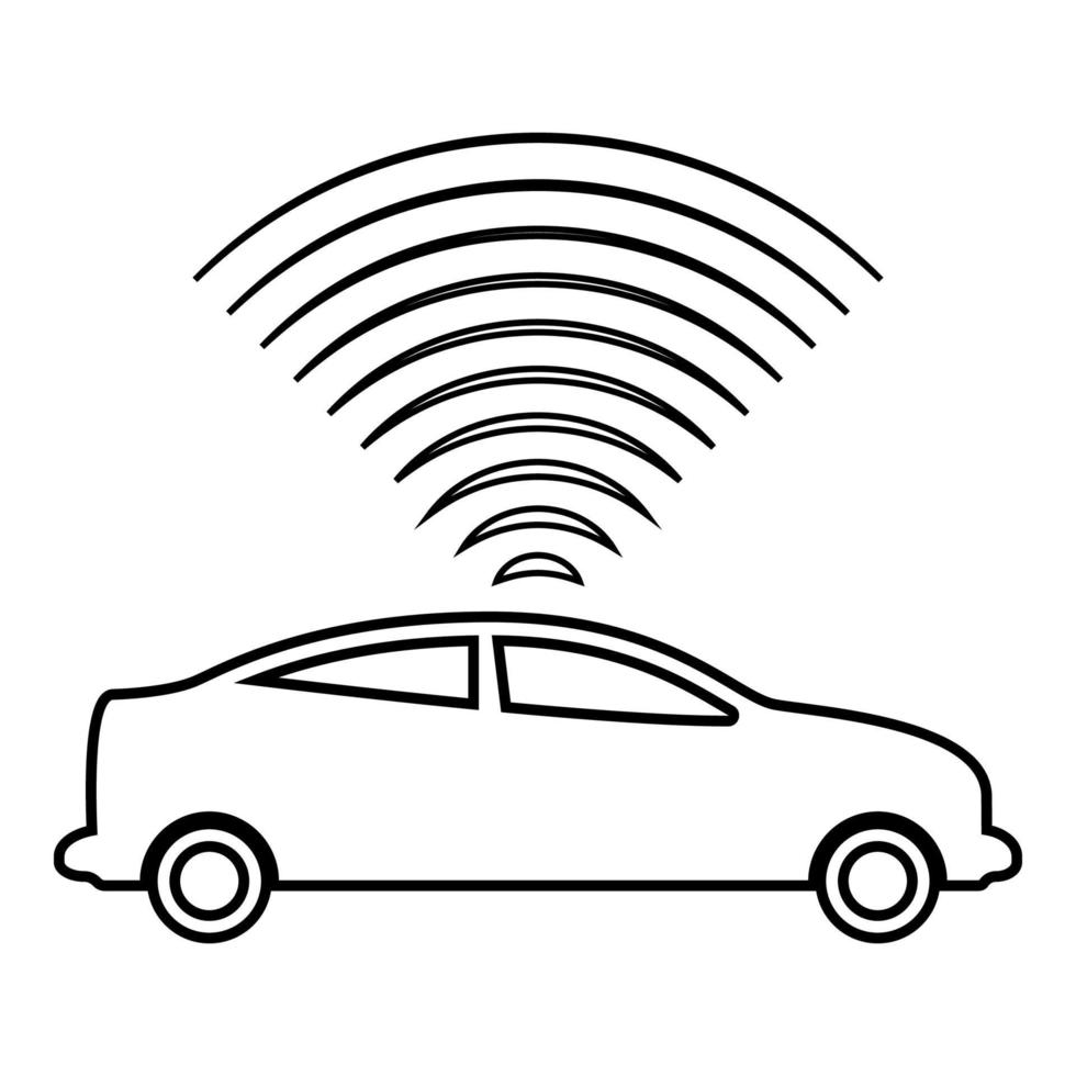 coche señales de radio sensor inteligente tecnología piloto automático arriba dirección contorno contorno línea icono negro color vector ilustración imagen delgado estilo plano