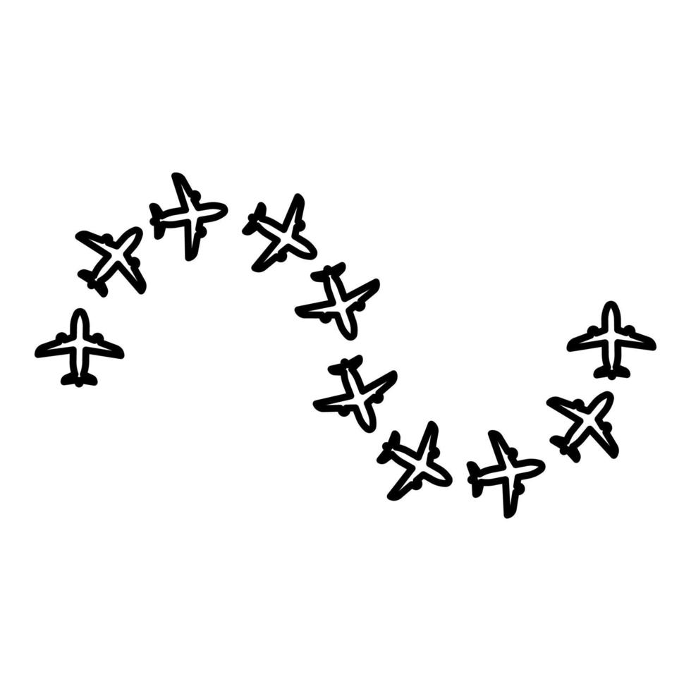 Route from airplanes flight tourism path plane flights adventure time concept itinerary fly contour outline line icon black color vector illustration image thin flat style