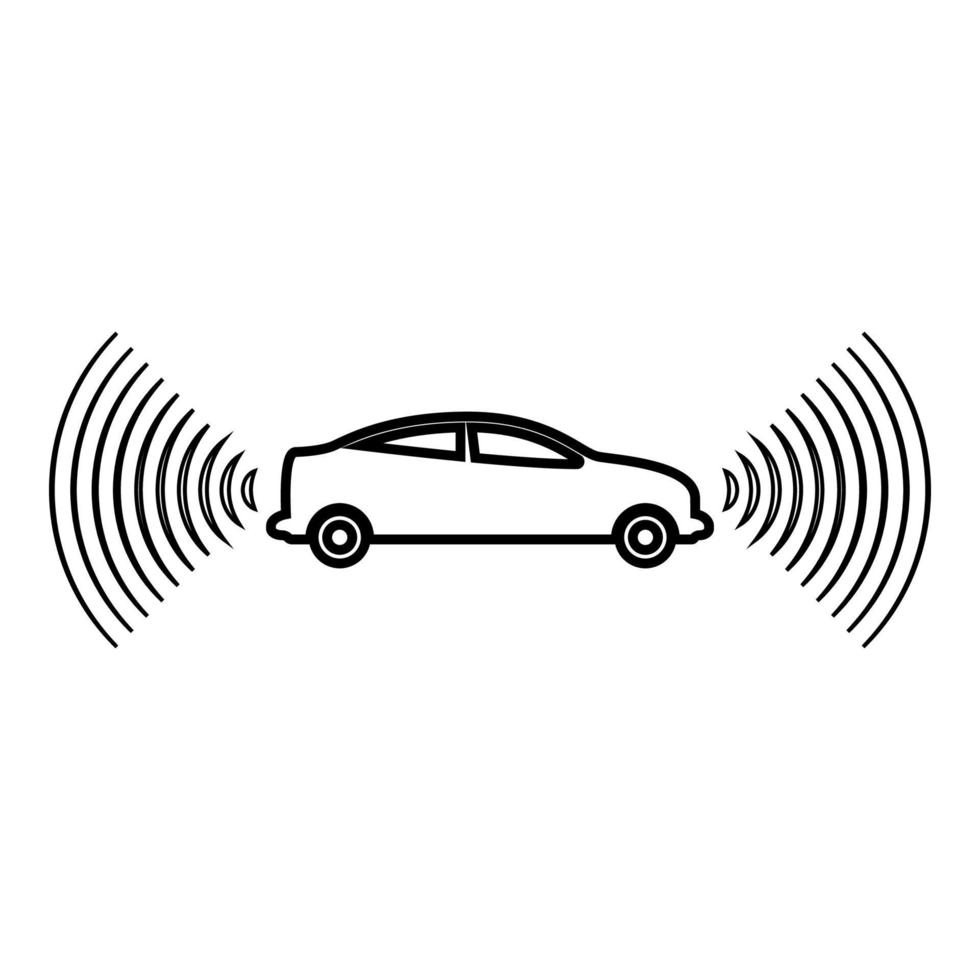 Car radio signals sensor smart technology autopilot front and back direction contour outline line icon black color vector illustration image thin flat style