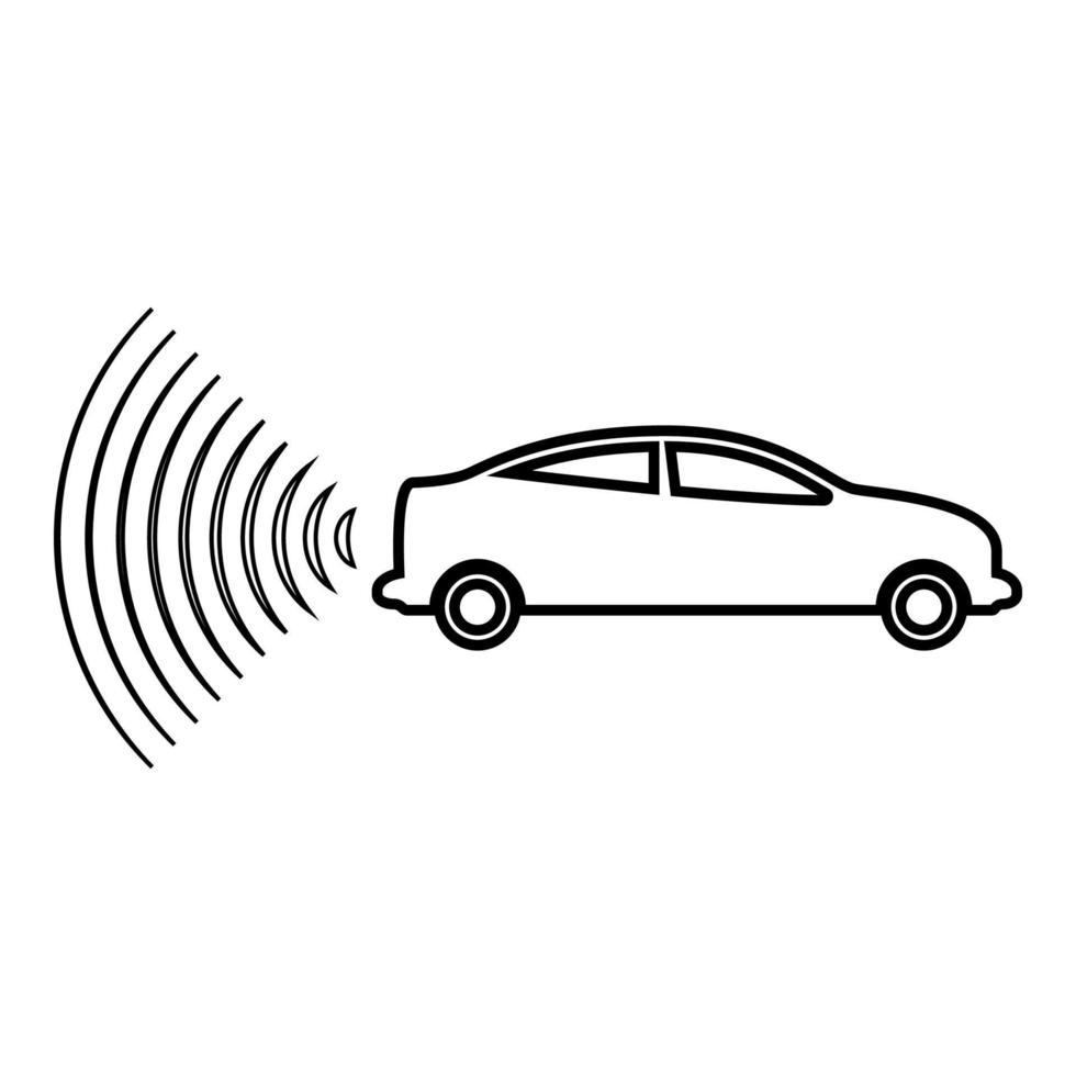 Car radio signals sensor smart technology autopilot back direction contour outline line icon black color vector illustration image thin flat style