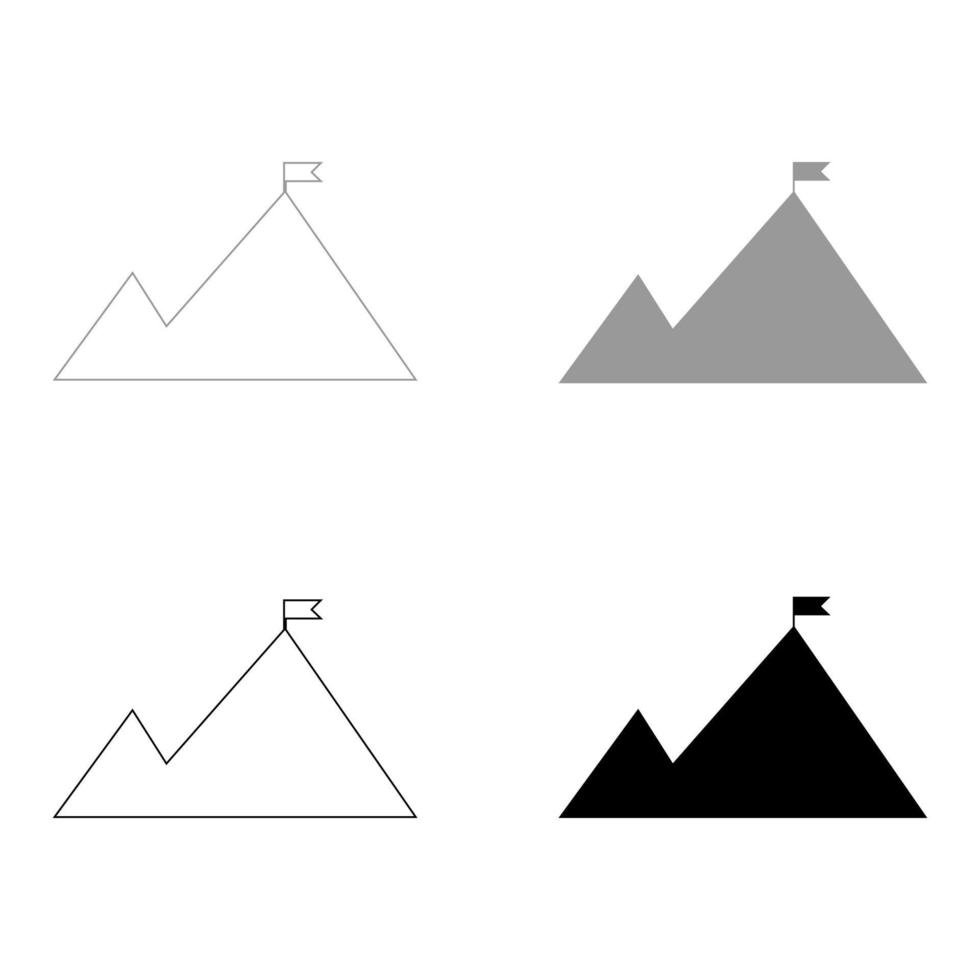 montañas con una bandera en la parte superior del icono de color gris negro vector