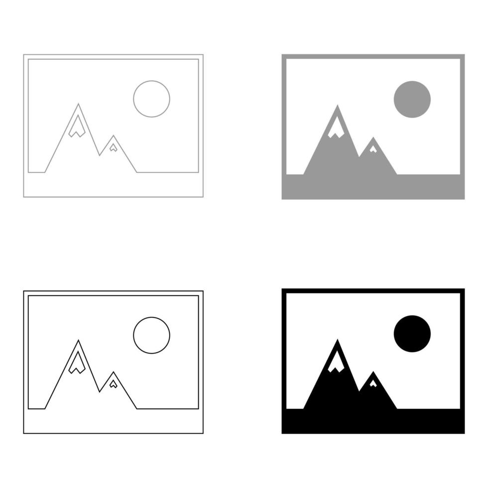 imagen de las montañas y el icono del sol el icono de color gris negro conjunto vector