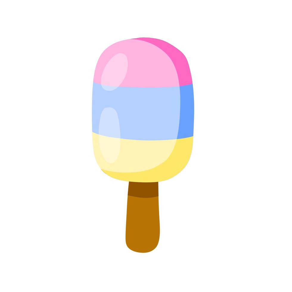 helado en palo. postre de verano. manjar multicolor. esmalte azul, amarillo y rosa. ilustración de dibujos animados plana vector