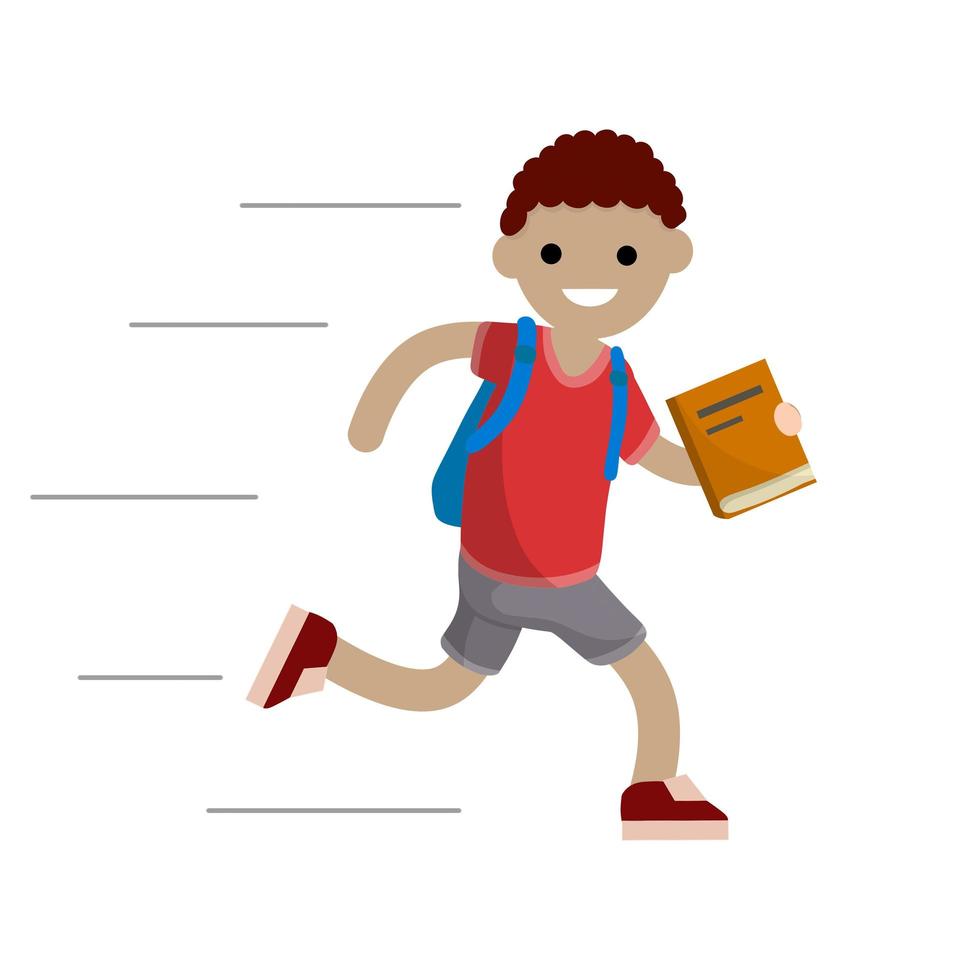 niño corre con el libro. estudiante va a la escuela. estudiante con mochila llega tarde a la escuela. chico con ropa de verano. ilustración plana de dibujos animados. niño feliz vector