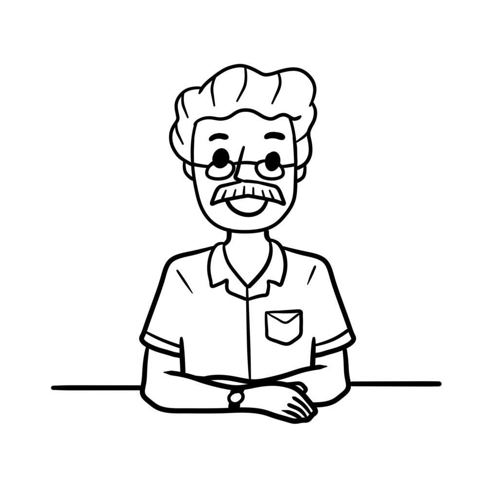 el hombre se sienta a la mesa con los brazos cruzados. personaje de enfrente. emoción feliz. sonrisa en la cara. ilustración de boceto en blanco y negro dibujada a mano de dibujos animados. camiseta de verano. posición relajada para conversar vector