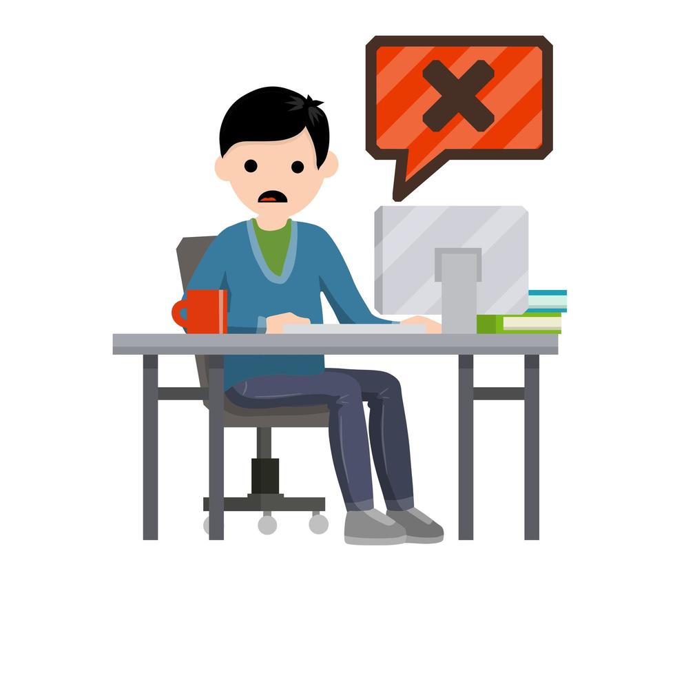 Error message in computer. Shocked man is sitting at table with monitor. Hacking data system. Cartoon flat illustration. Office work and freelance. Virus and bug. Problem with program vector