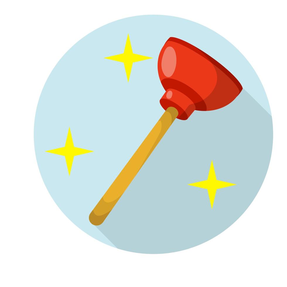 Plunger in blue circle. Drain cleaner. Plumber's tool. Yellow stars shining. vector