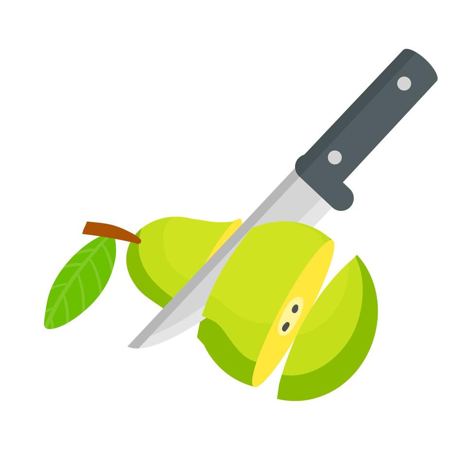 pera. fruta verde en rodajas. cuchillo de cocina. vector