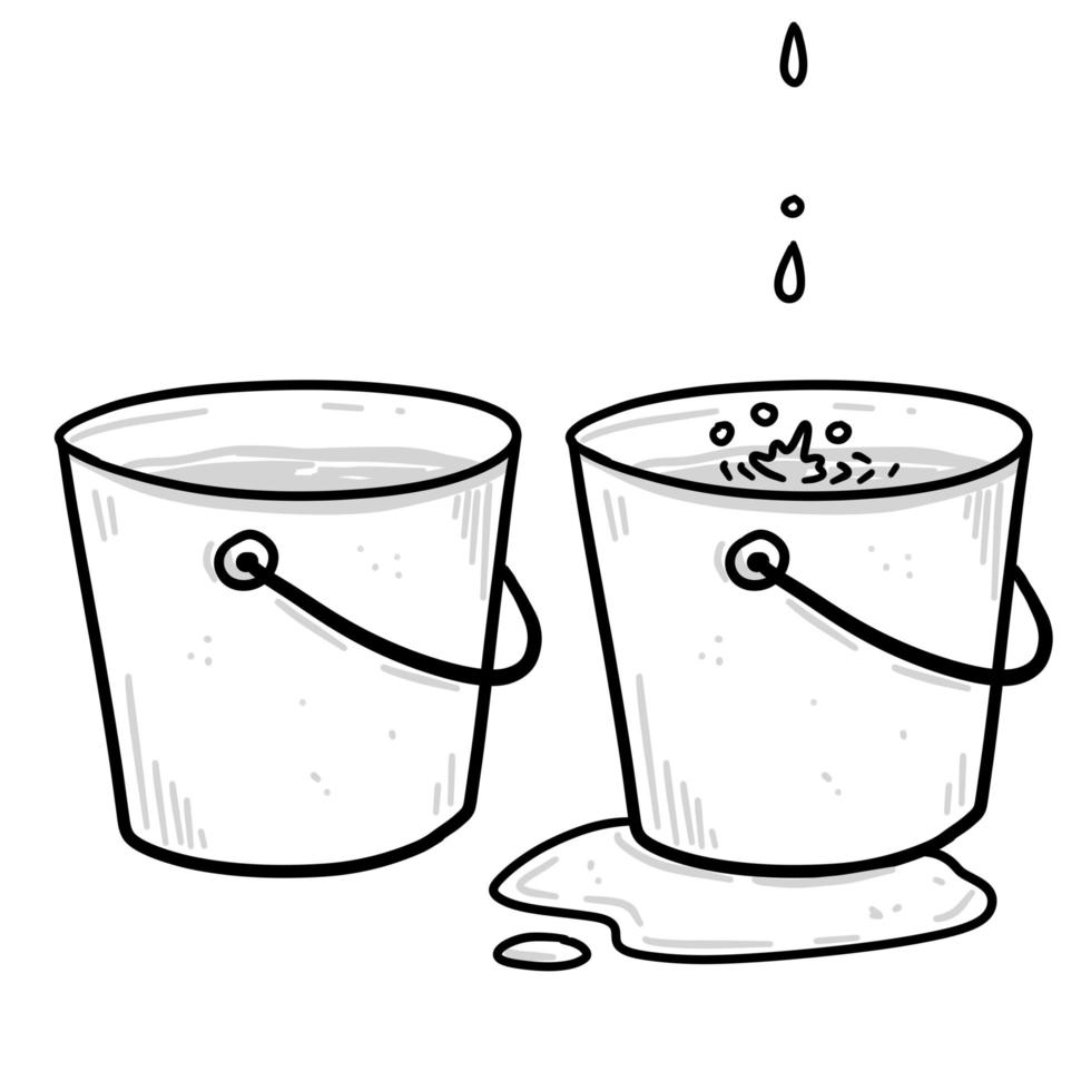 Bucket. Drops of water and a leak. Full pail. vector