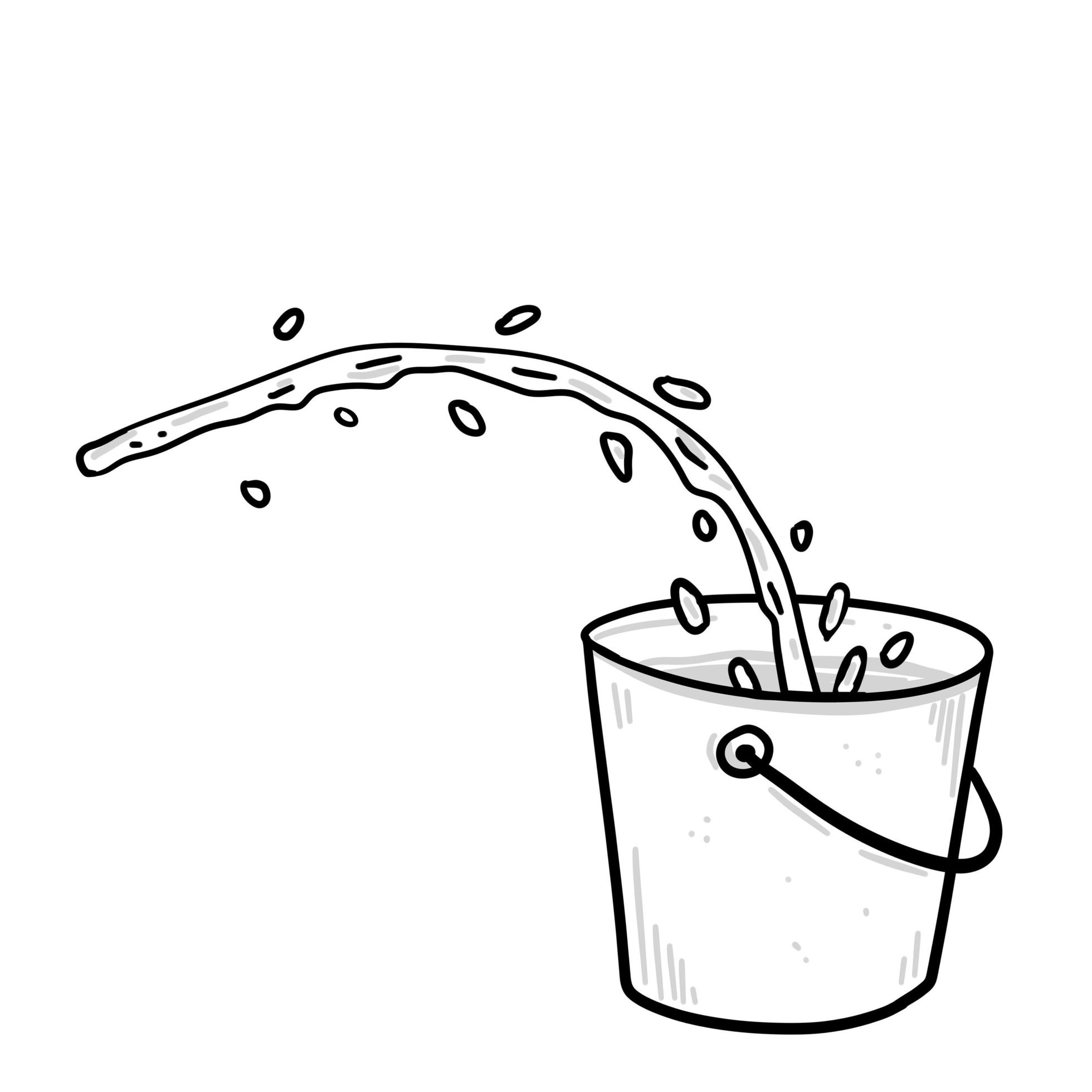 Water pours into the bucket. Jet of liquid falls into a bucket with