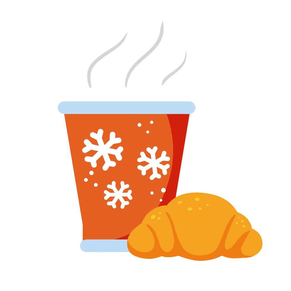 café caliente con croissant. vaso rojo de invierno con bebida y bollería. vector