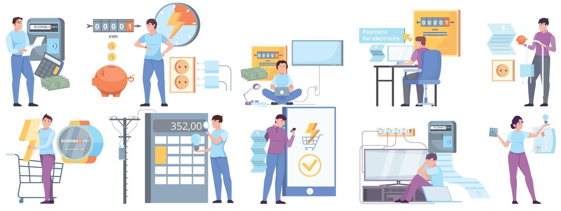 Payment For Electricity Flat Set vector