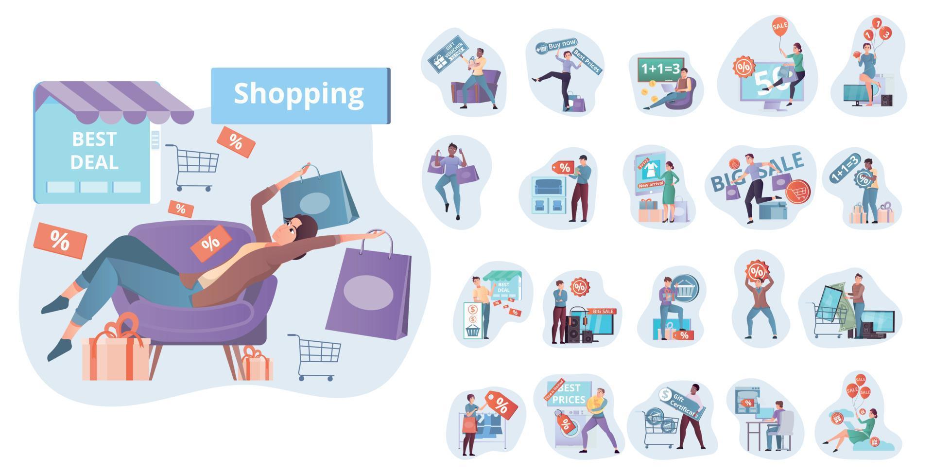 Shopping Flat Compositions Set vector