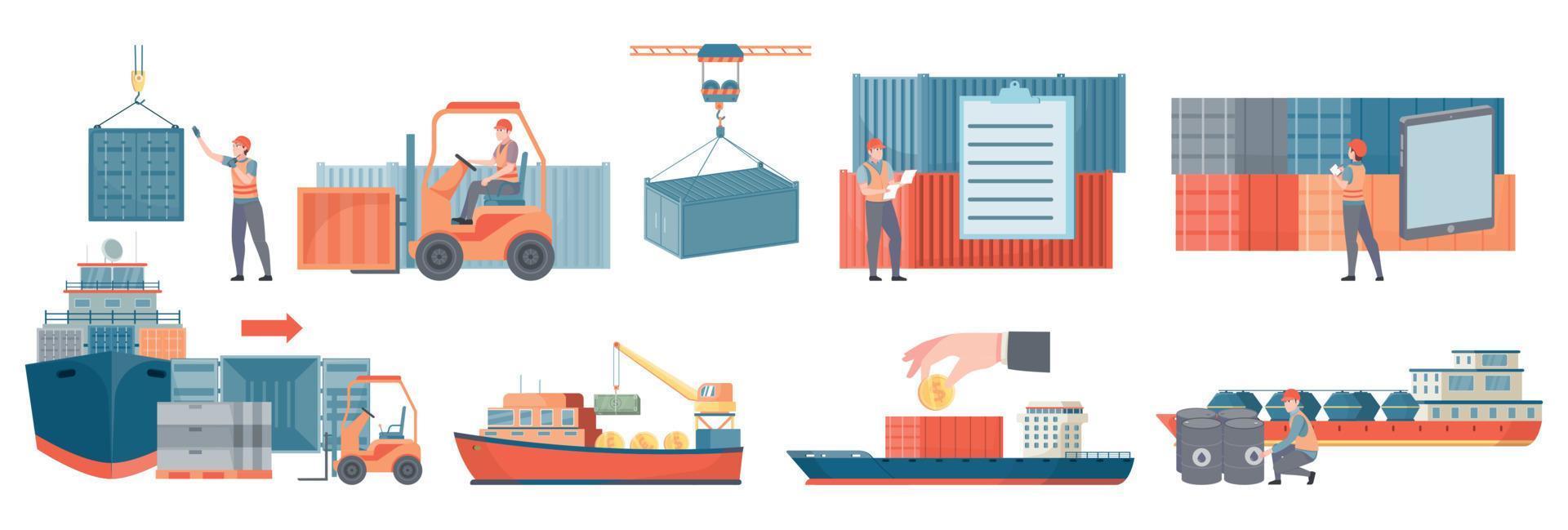 Trade Ship Flat Set vector