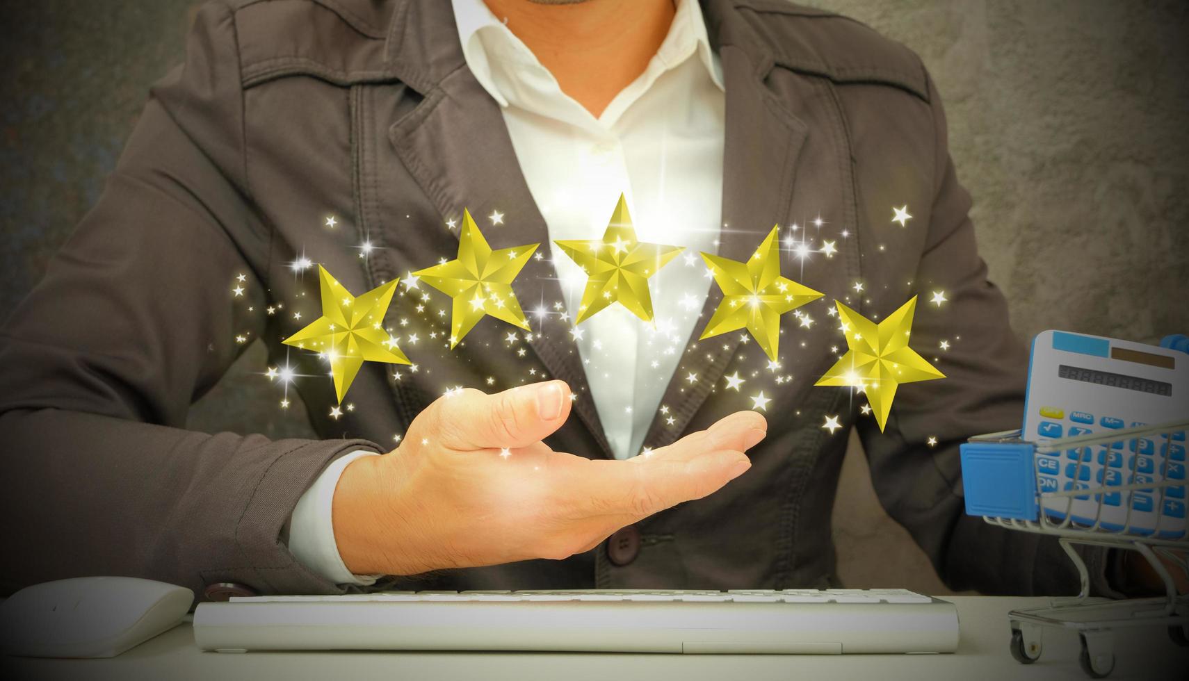 To complete five stars, place the customer's or client's palm on the stars. with additional copy space granting a five-star rating Service evaluation, idea of satisfaction photo