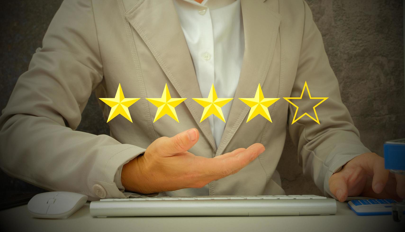 To complete five stars, place the customer's or client's palm on the stars. with additional copy space granting a five-star rating Service evaluation, idea of satisfaction photo