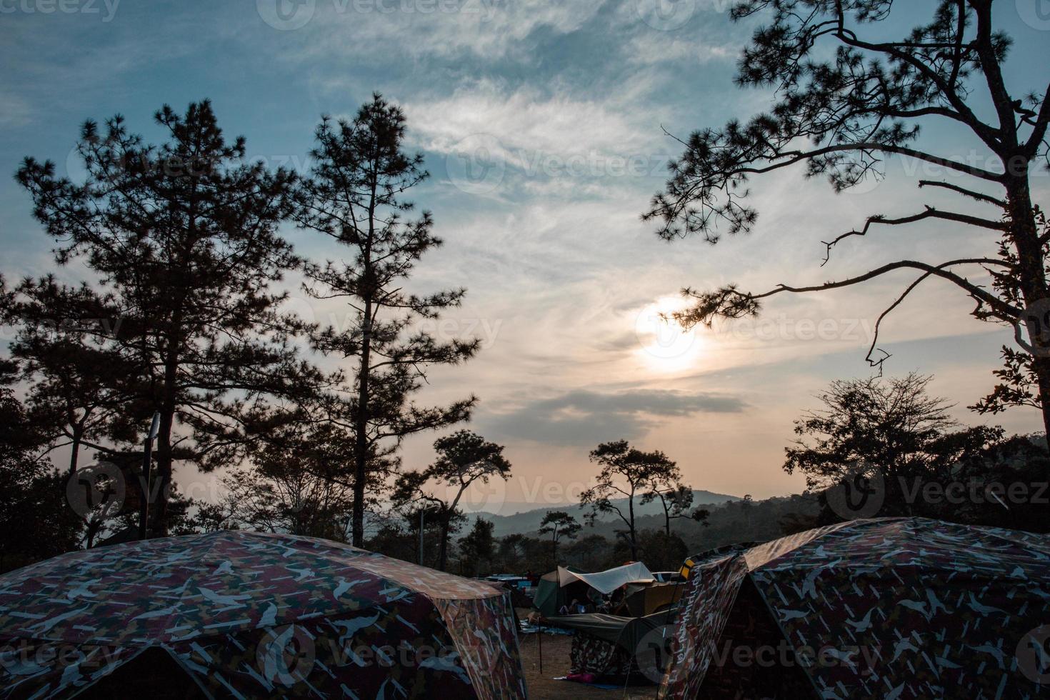 silhouette concept of Sunset View Point at Phu Ruea National Park, Loei, Thailand with Golden sky background and pinus kesiya tree on twilight tone after sunset. photo