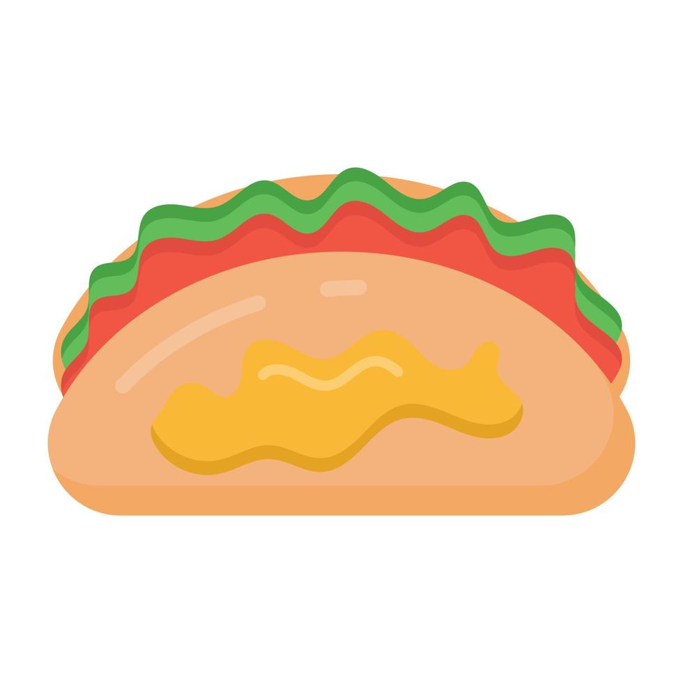 A taco wrap filled with stuffing, flat icon vector