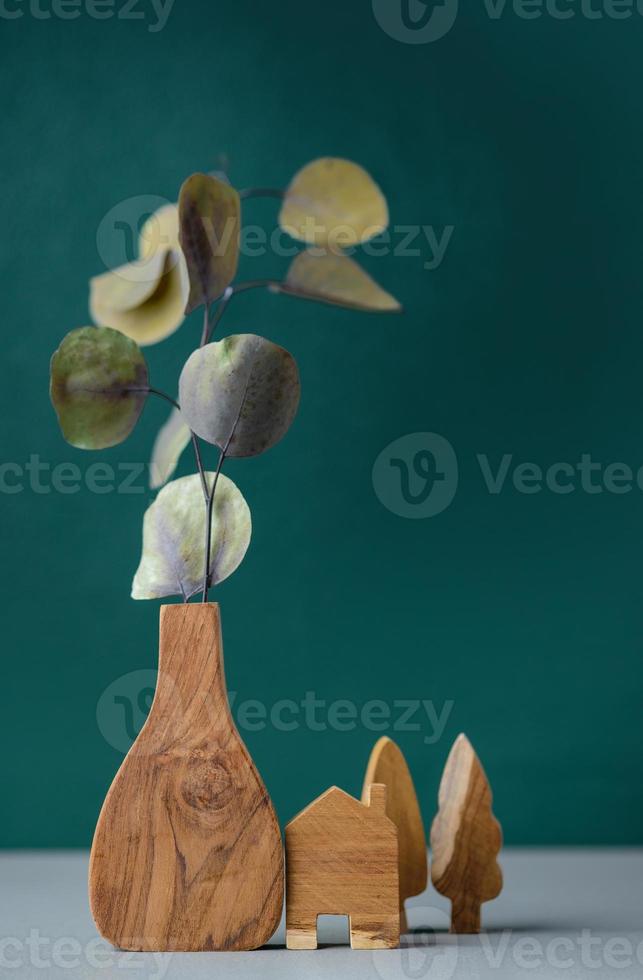 eucalyptus branch in wooden vase on table with green background photo
