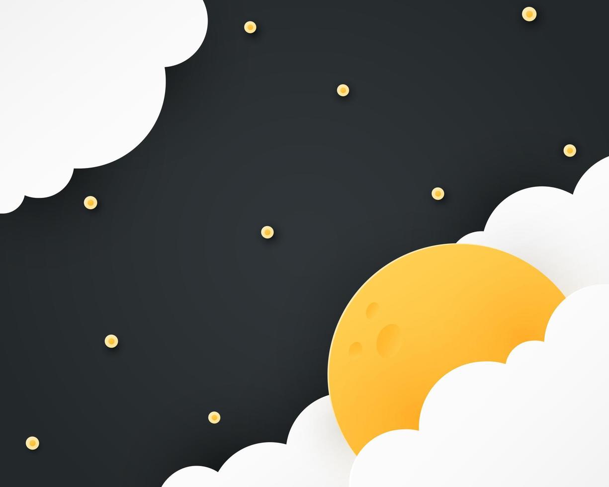 Night sky in paper cut style. Beautiful sky with moon, stars and clouds. Paper cut style. Vector illustration.
