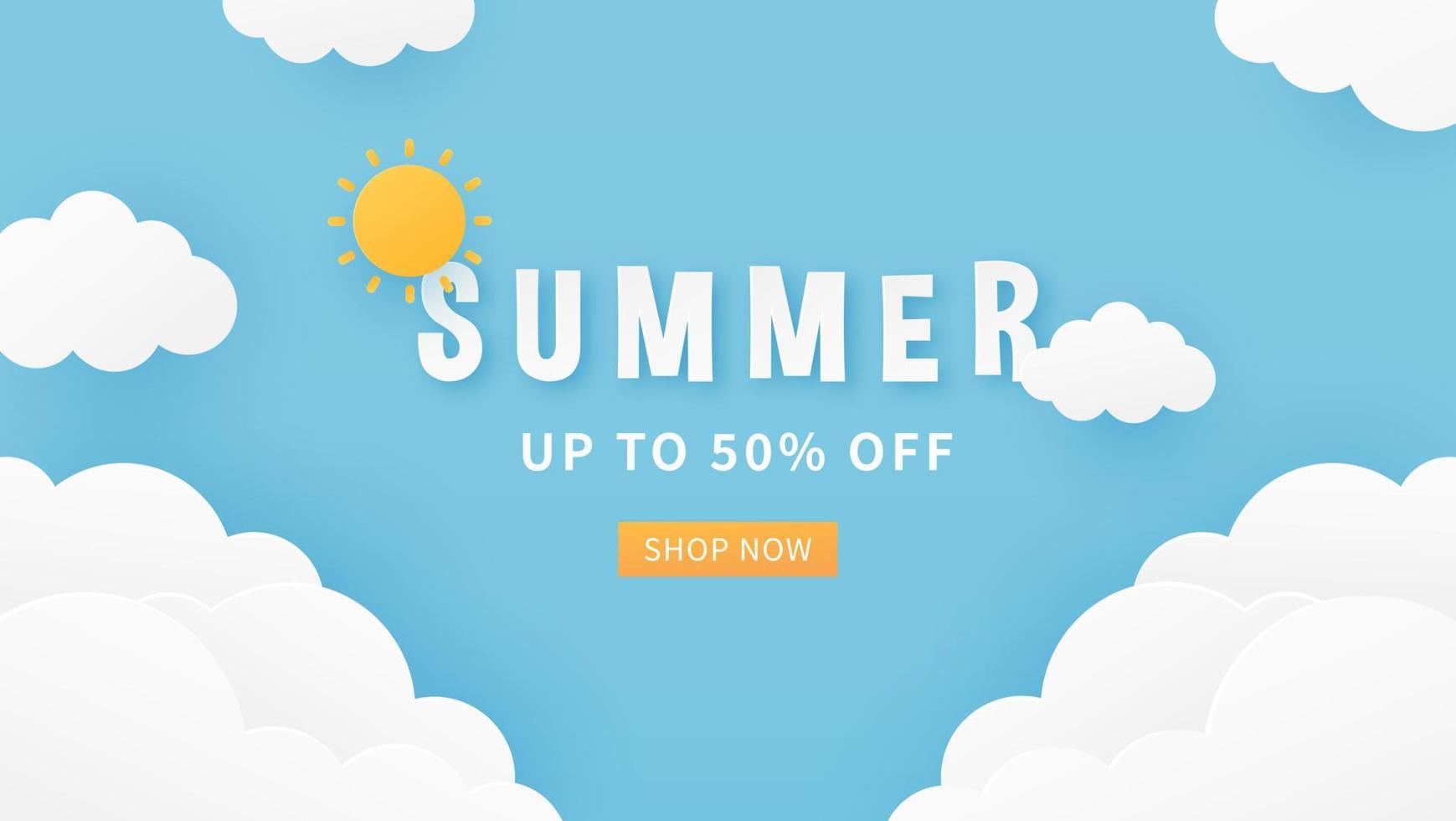 Summer banner background. Fluffy clouds and sun on blue sky background. Paper cut style. Vector illustration.