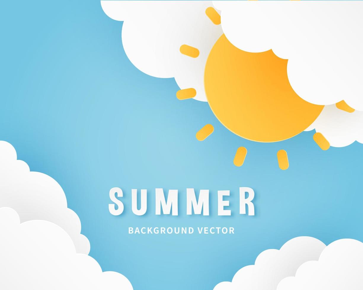 Summer banner background. Fluffy clouds and sun on blue sky background. Paper cut style. Vector illustration.