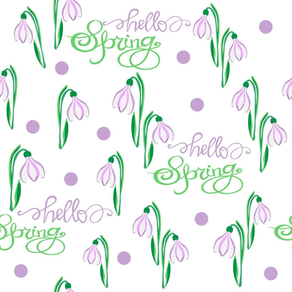 Seamless spring pattern of first spring flowers, primrose with purple circles, inscription HELLO SPRING. easter, delicate spring flowers with leaves. for gift packages, fabrics, napkins, vector eps 10