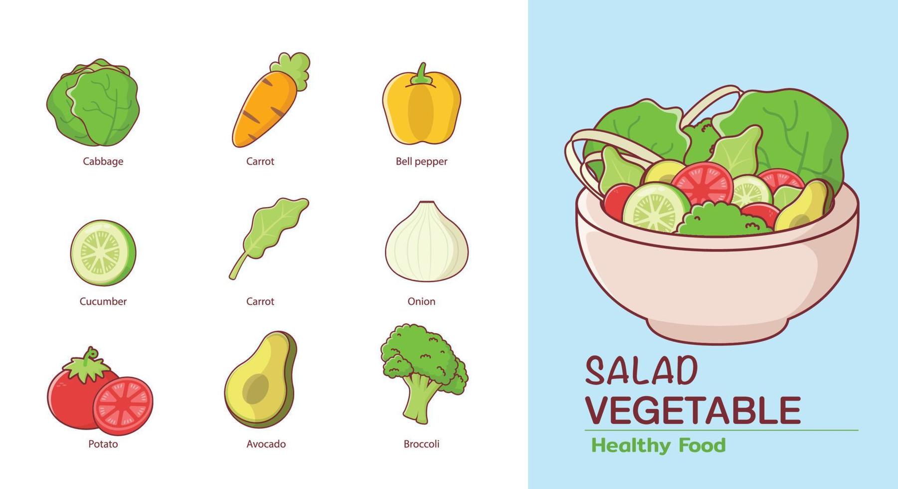 lindos elementos de dibujos animados de verduras y ensaladera aislado sobre fondo verde. vector