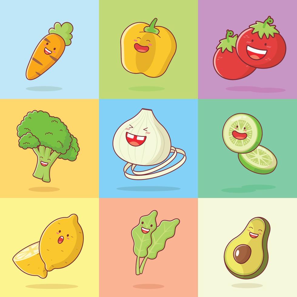 Cute vegetables cartoon characters set isolated on color pastel background. vector