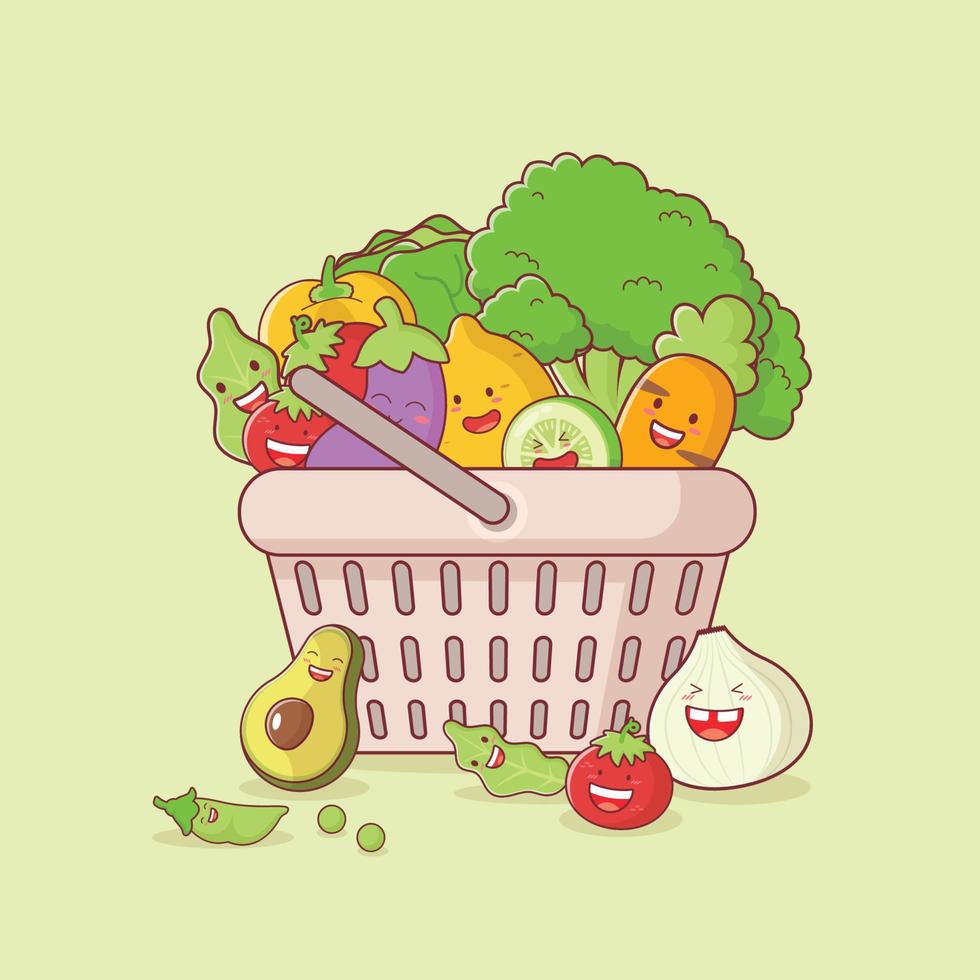 Cute funny vegetables cartoon characters in shopping basket isolated on color green background. Illustration of vegetable organic and healthy food. vector