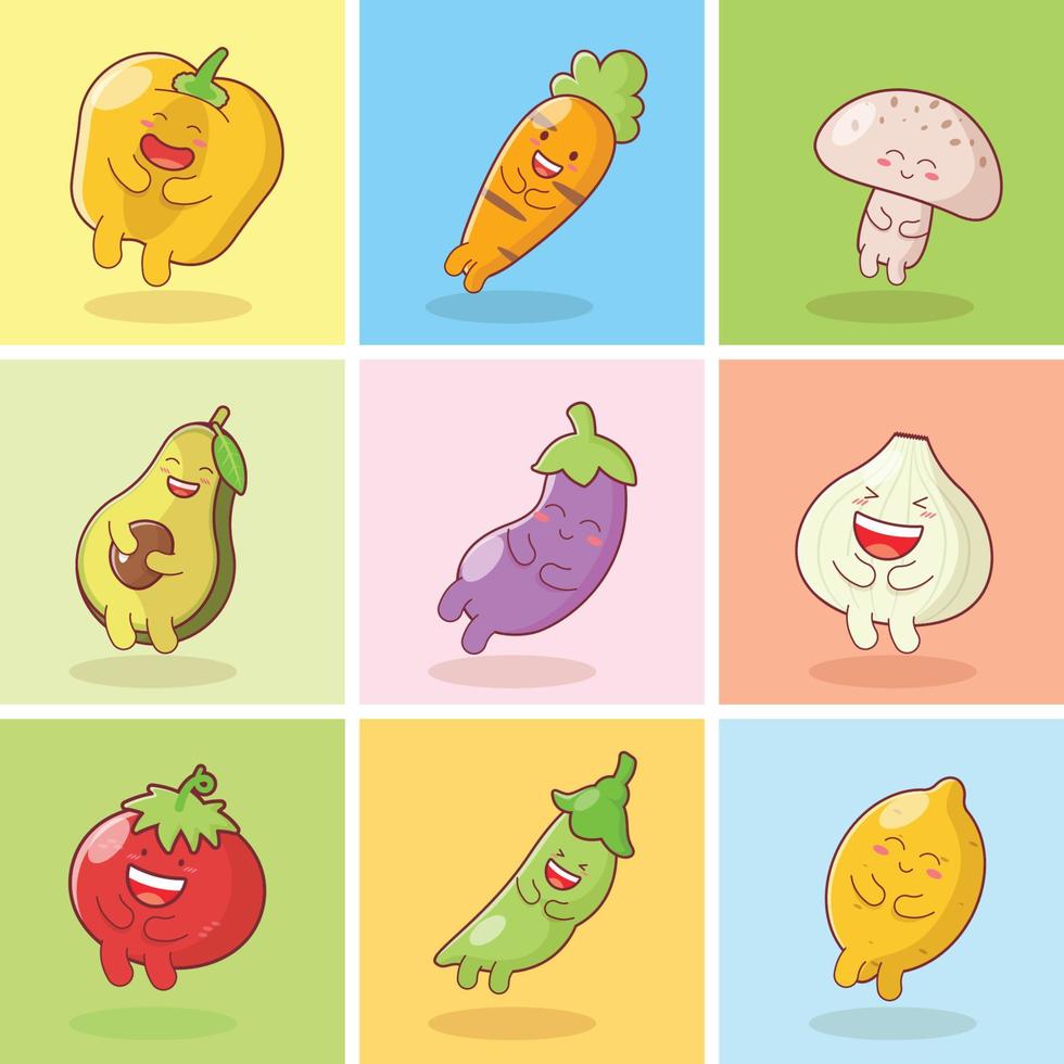 Cute vegetables cartoon characters set isolated on color pastel background. vector